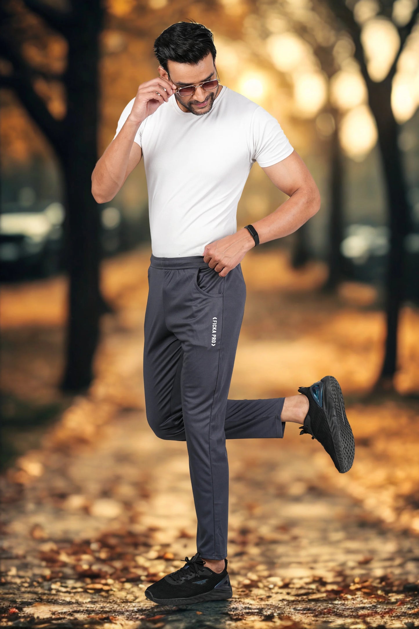 Men’s dark grey sports trackpant full-length view for gym and casual wear