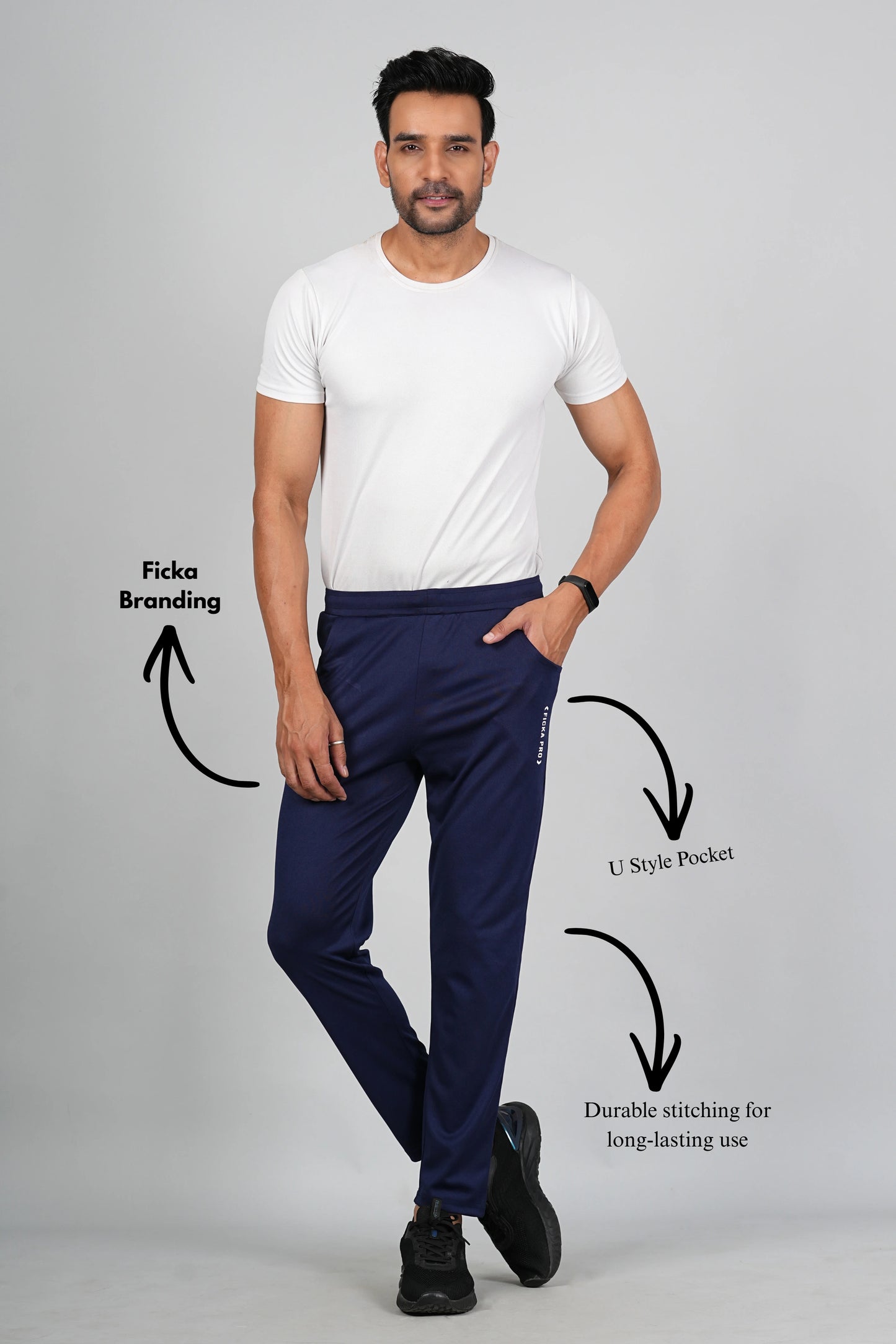 Navy blue trackpant for men side view showing elastic waistband