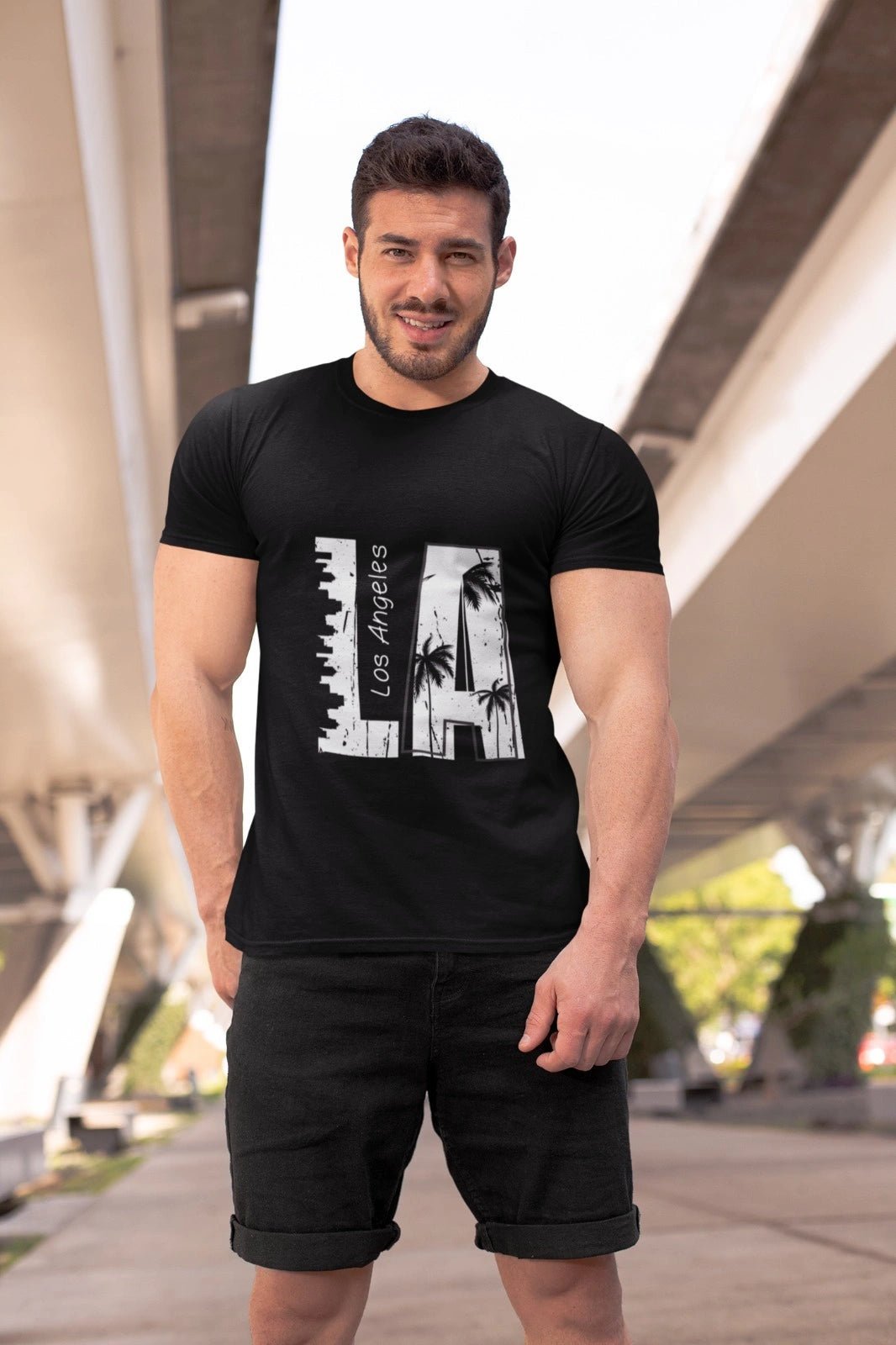 Printed Los Angeles Design Cotton Black T-Shirt for Men