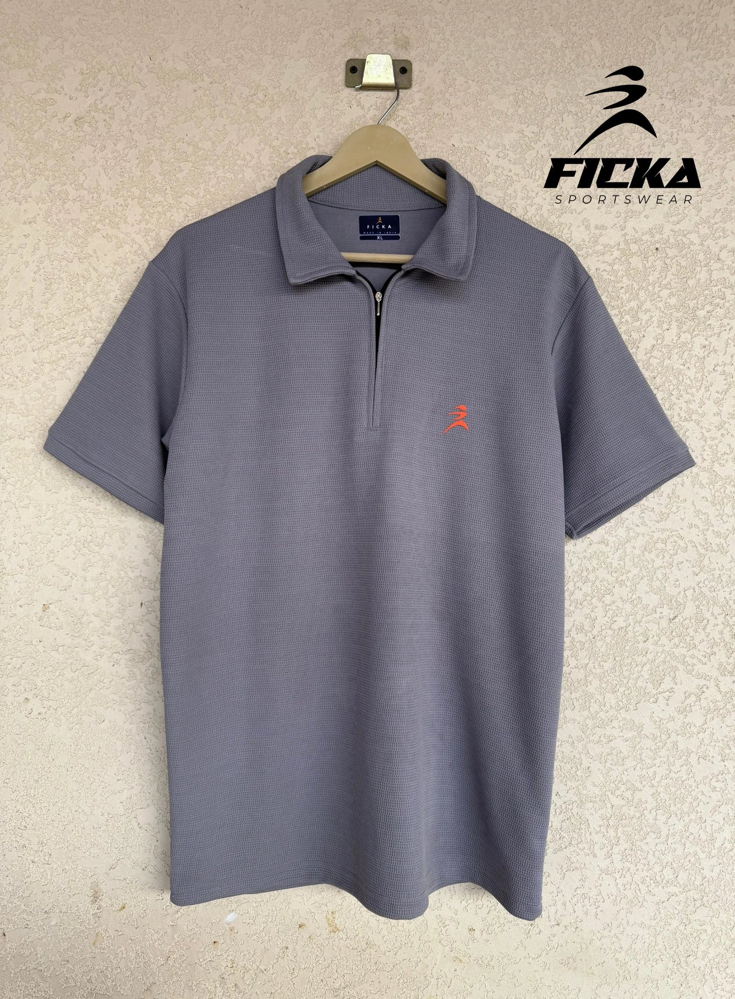 Ficka Half Zipper Grey Polo T-shirt For Men