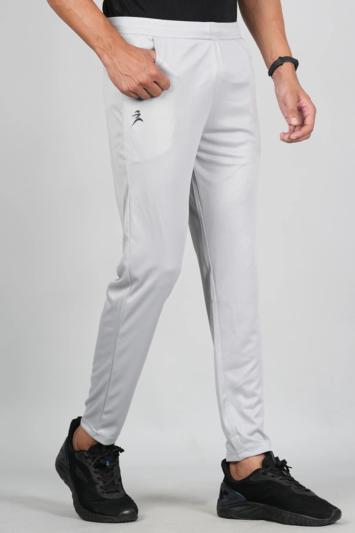 Men’s light grey sports trackpant front view with athletic fit