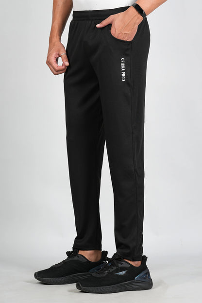 Black trackpant for men side view showing elastic waistband