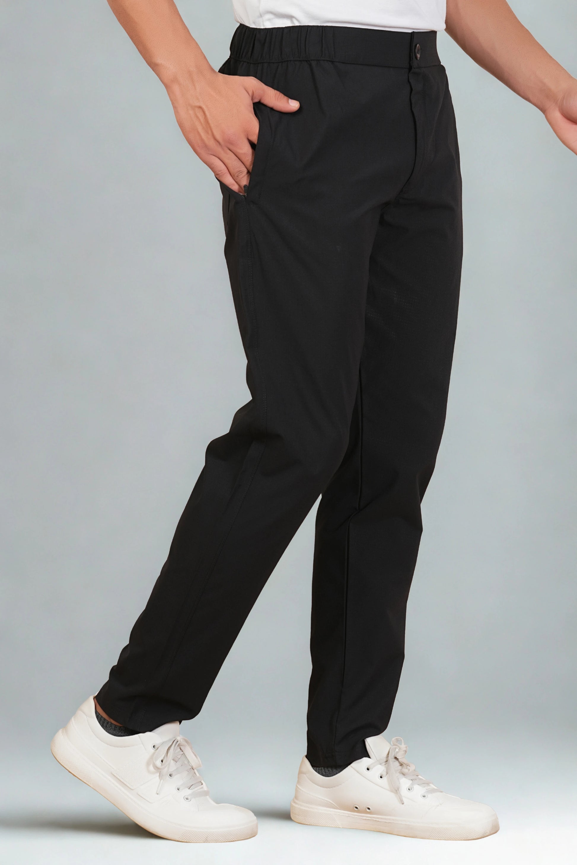FICKA men’s black pant style trackpant front view with button closure
