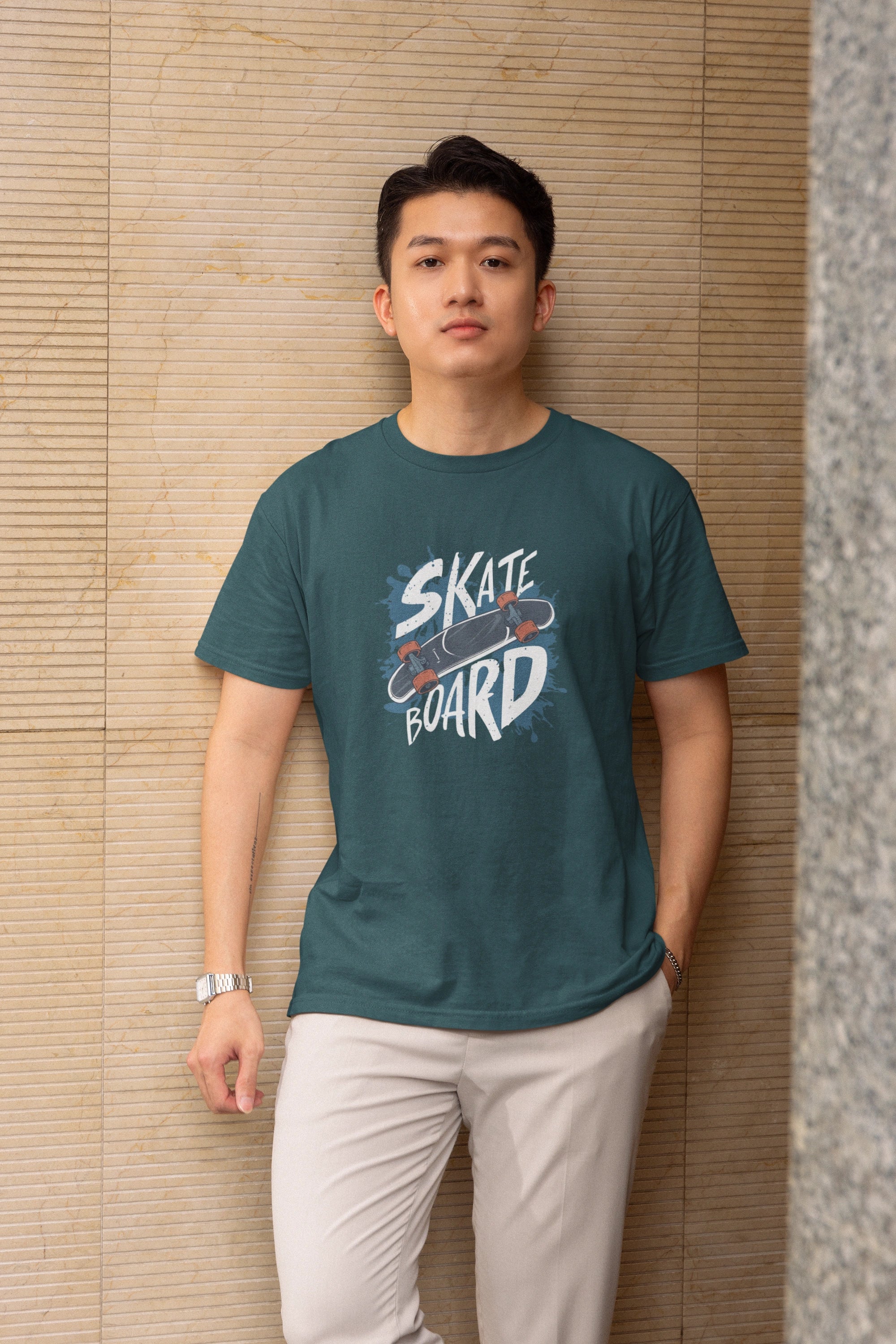 Men Bottle Green Skate Printed Regular Fit Cotton T-Shirt