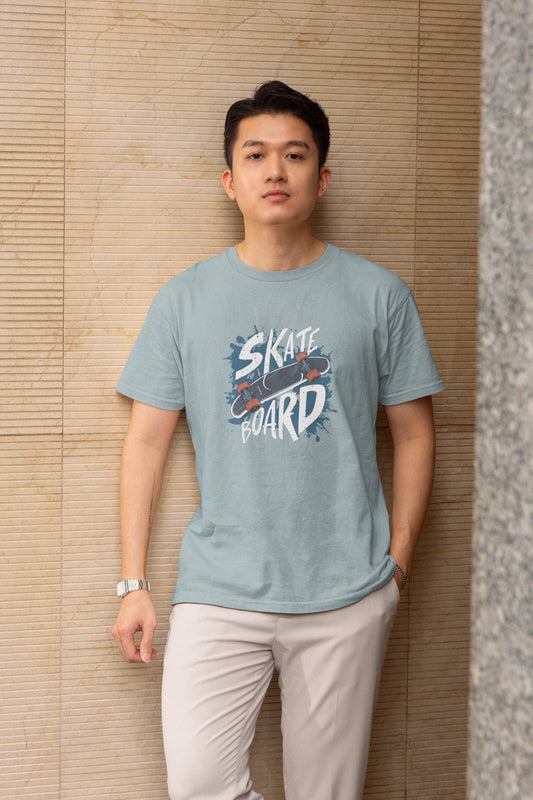Men Steel Grey Skate Printed Regular Fit Cotton T-Shirt