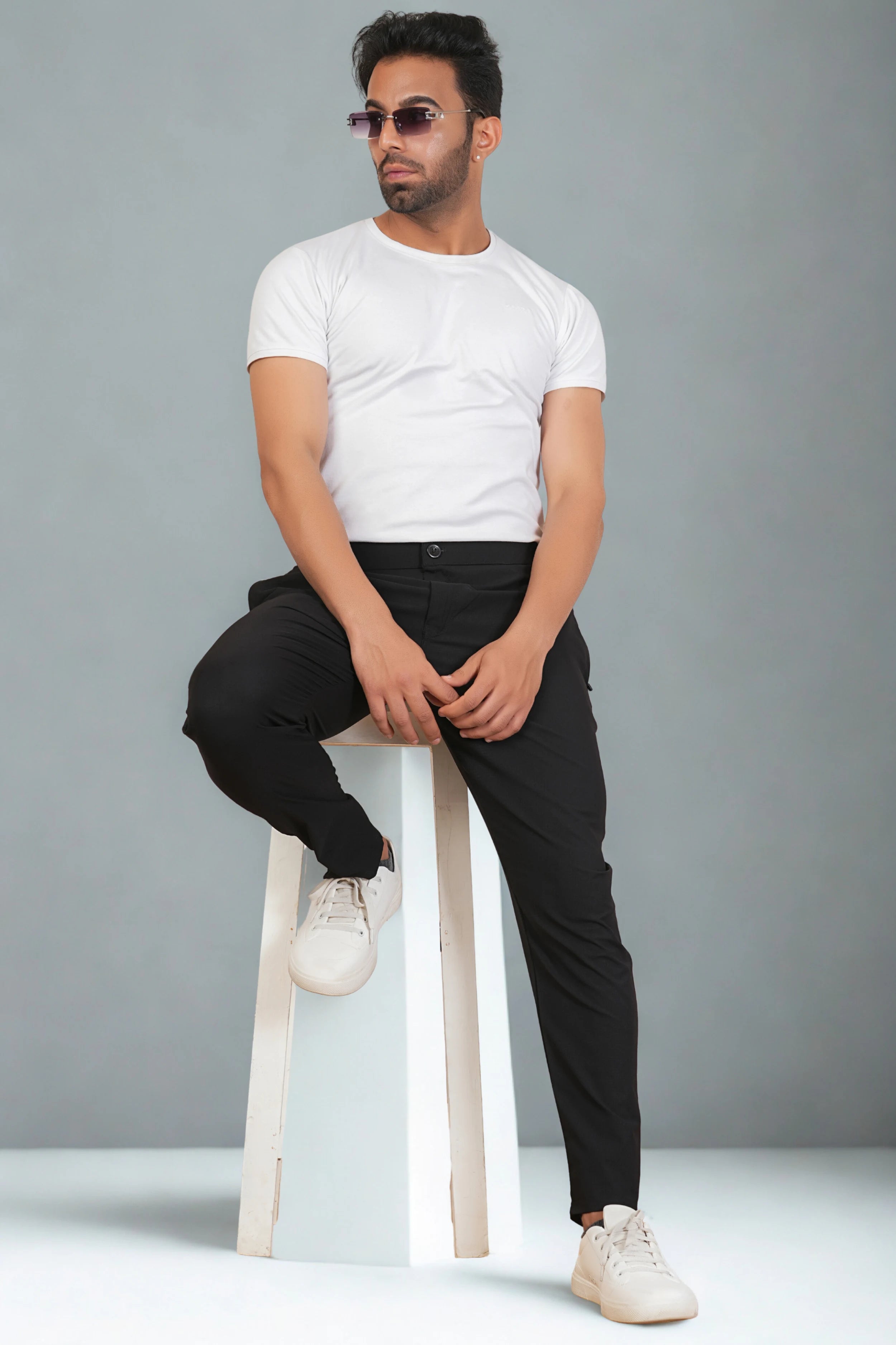 FICKA men’s black smart trackpant worn with casual shirt and shoes