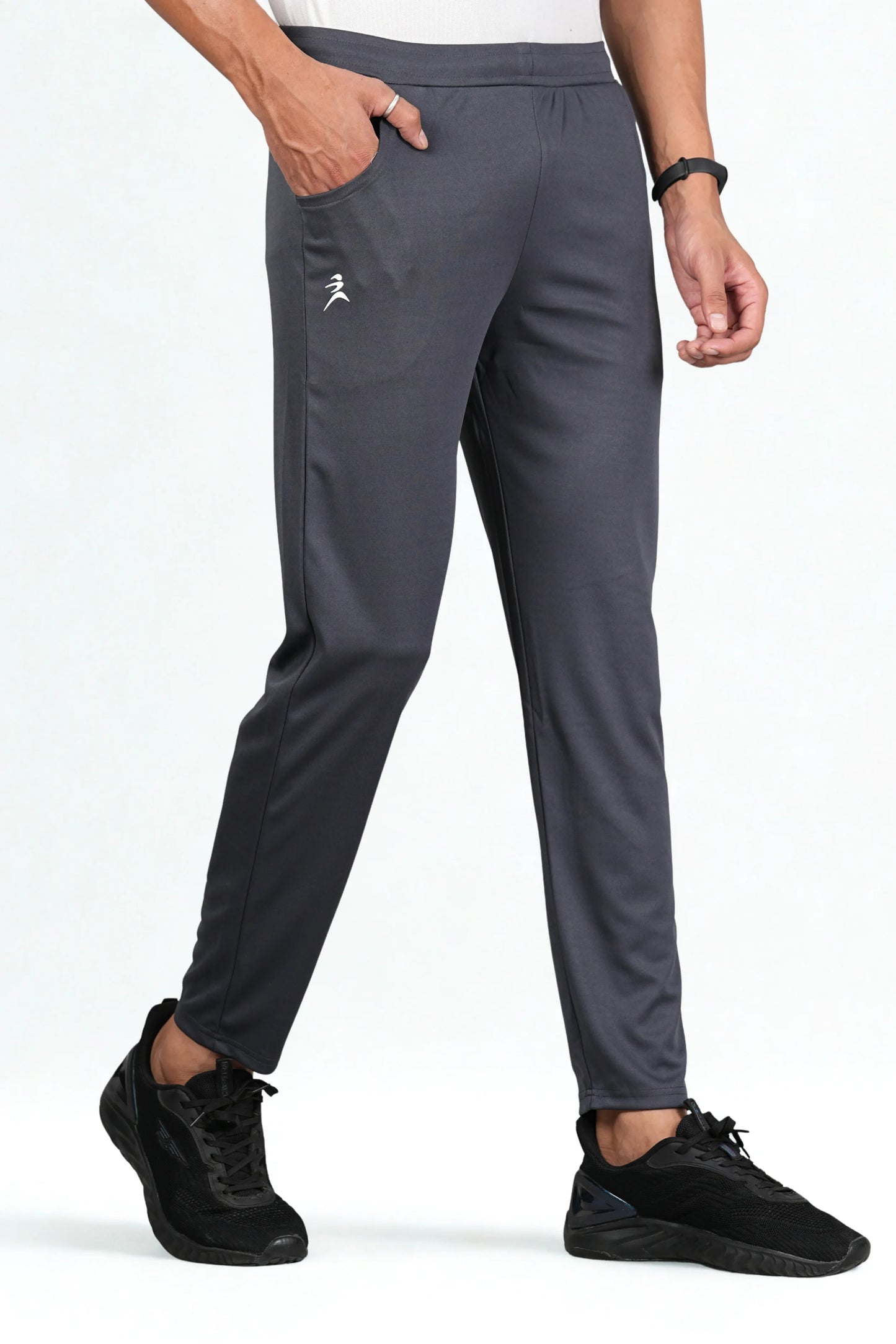 Men’s dark grey trackpant front view with athletic fit