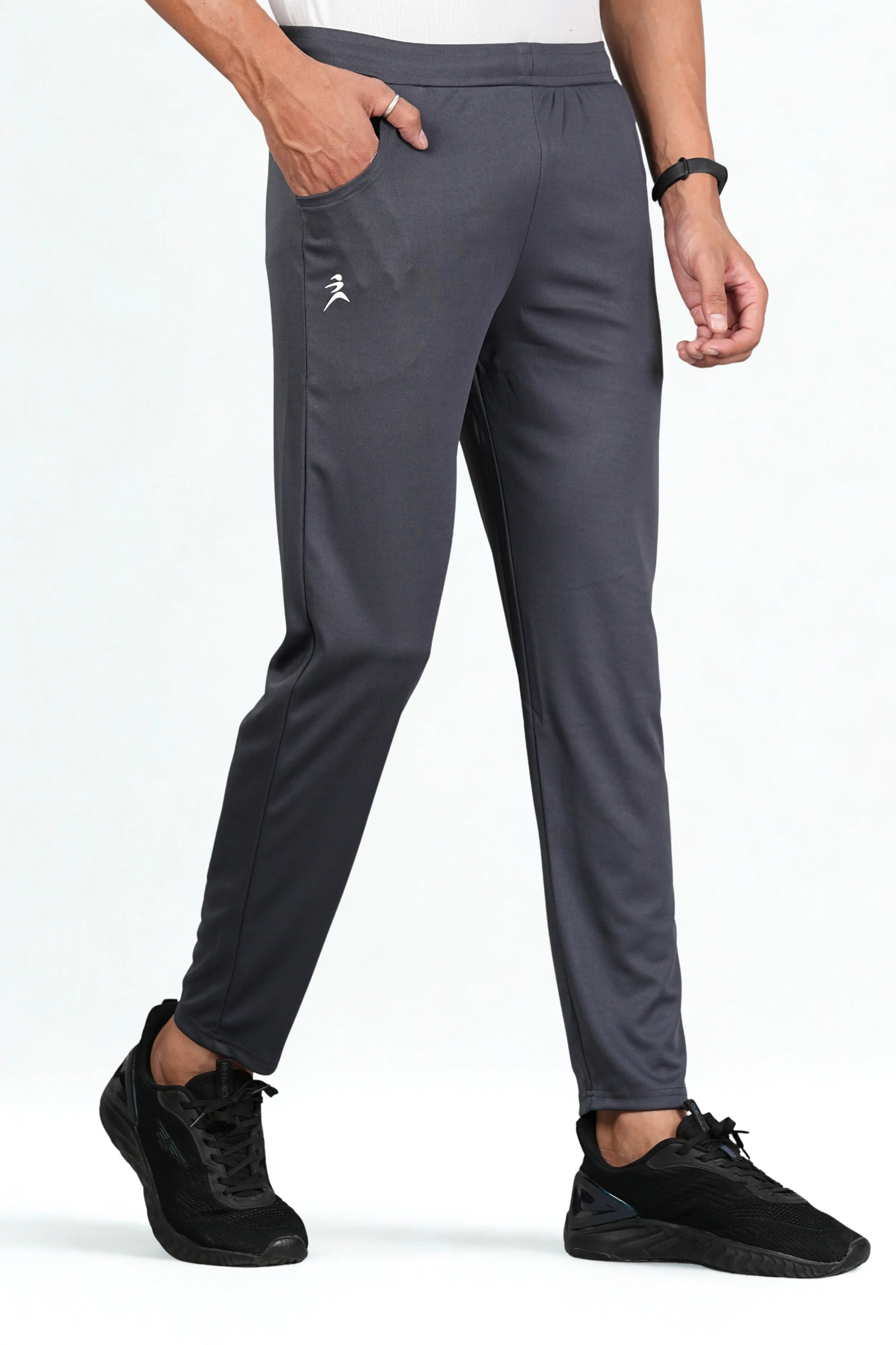 Men’s dark grey trackpant front view with athletic fit