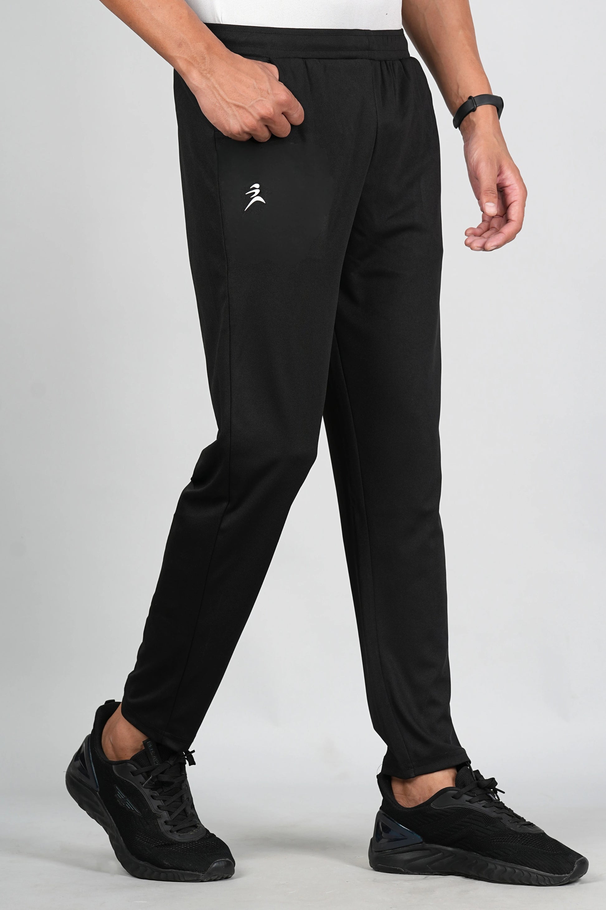 Men’s black trackpant front view with athletic fit