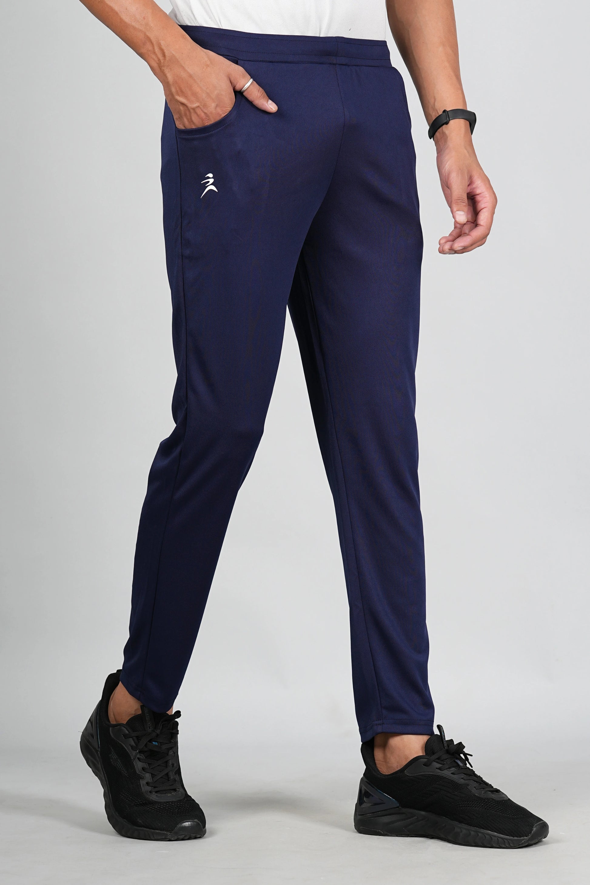 Men’s navy blue trackpant front view with athletic fit