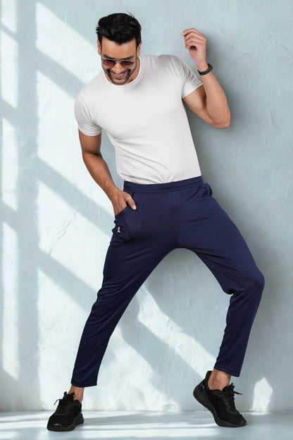 Men’s navy blue trackpant full-length view for gym and casual wear