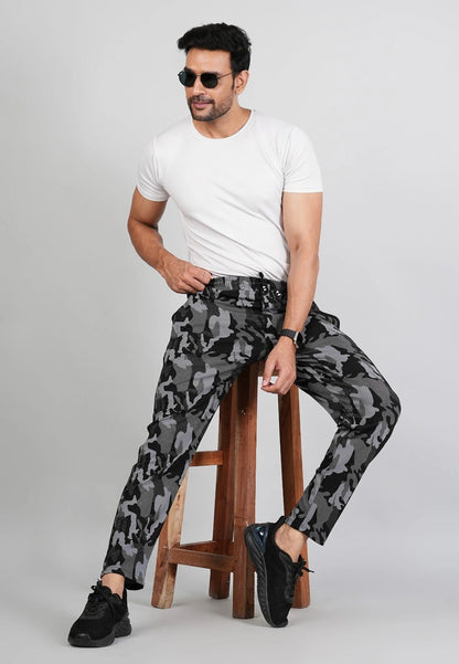 Men Army Print Fit Grey Joggers with FickaPlus