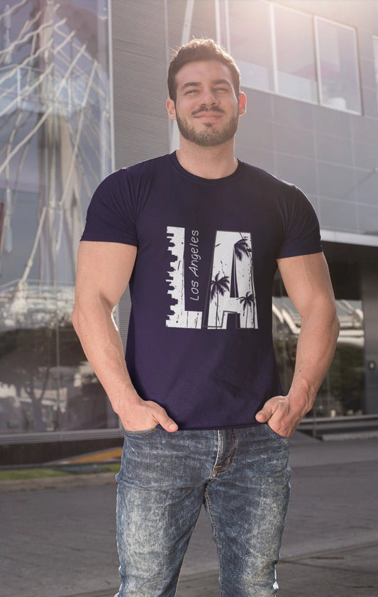 Printed Los Angeles  Design Cotton Navy Blue T-Shirt for Men