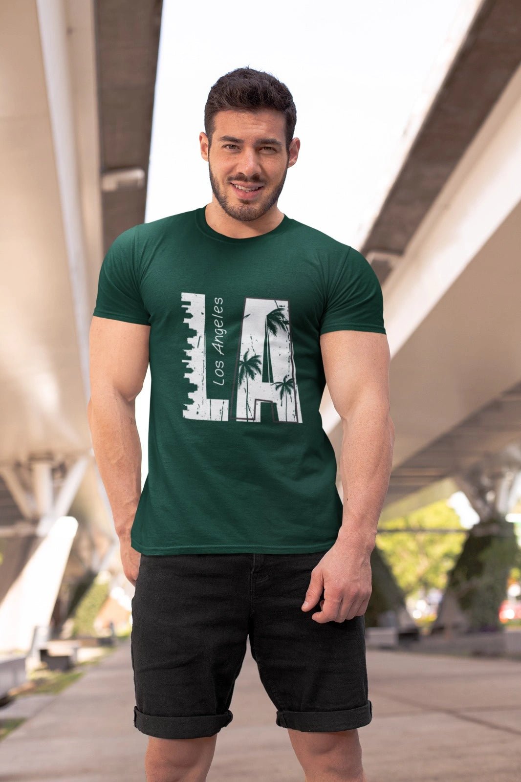 Printed Los Angeles  Design Cotton Olive T-Shirt for Men