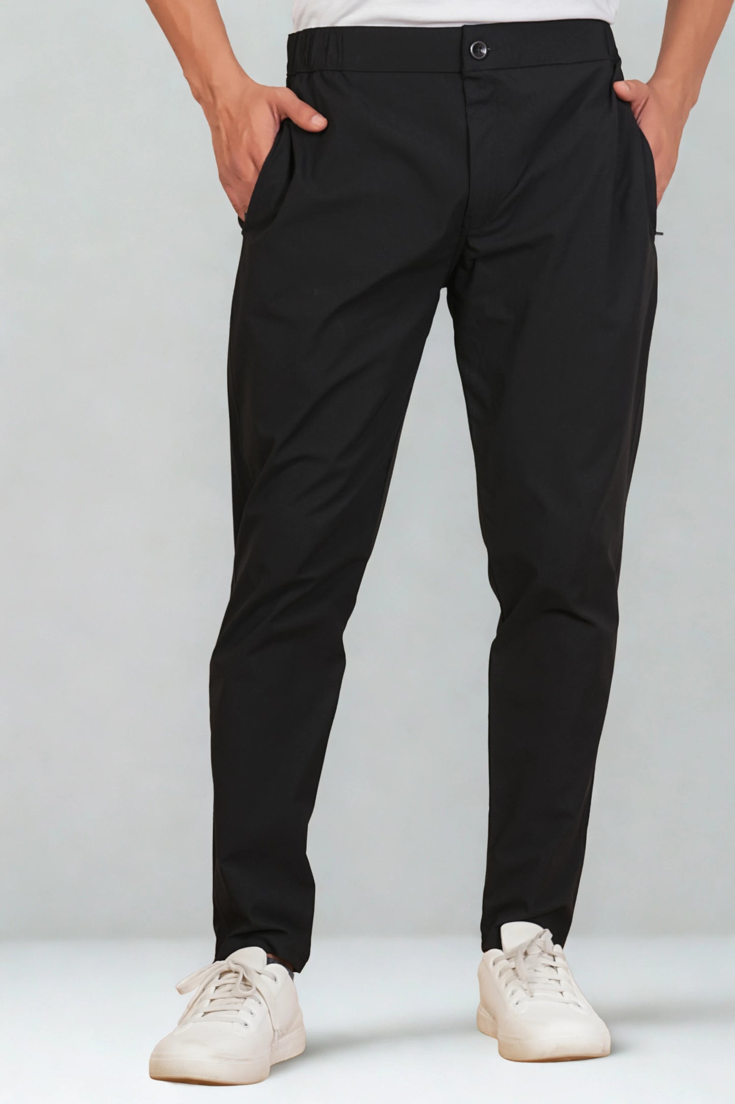 Men’s black pant style trackpant full-length view for office-casual wear