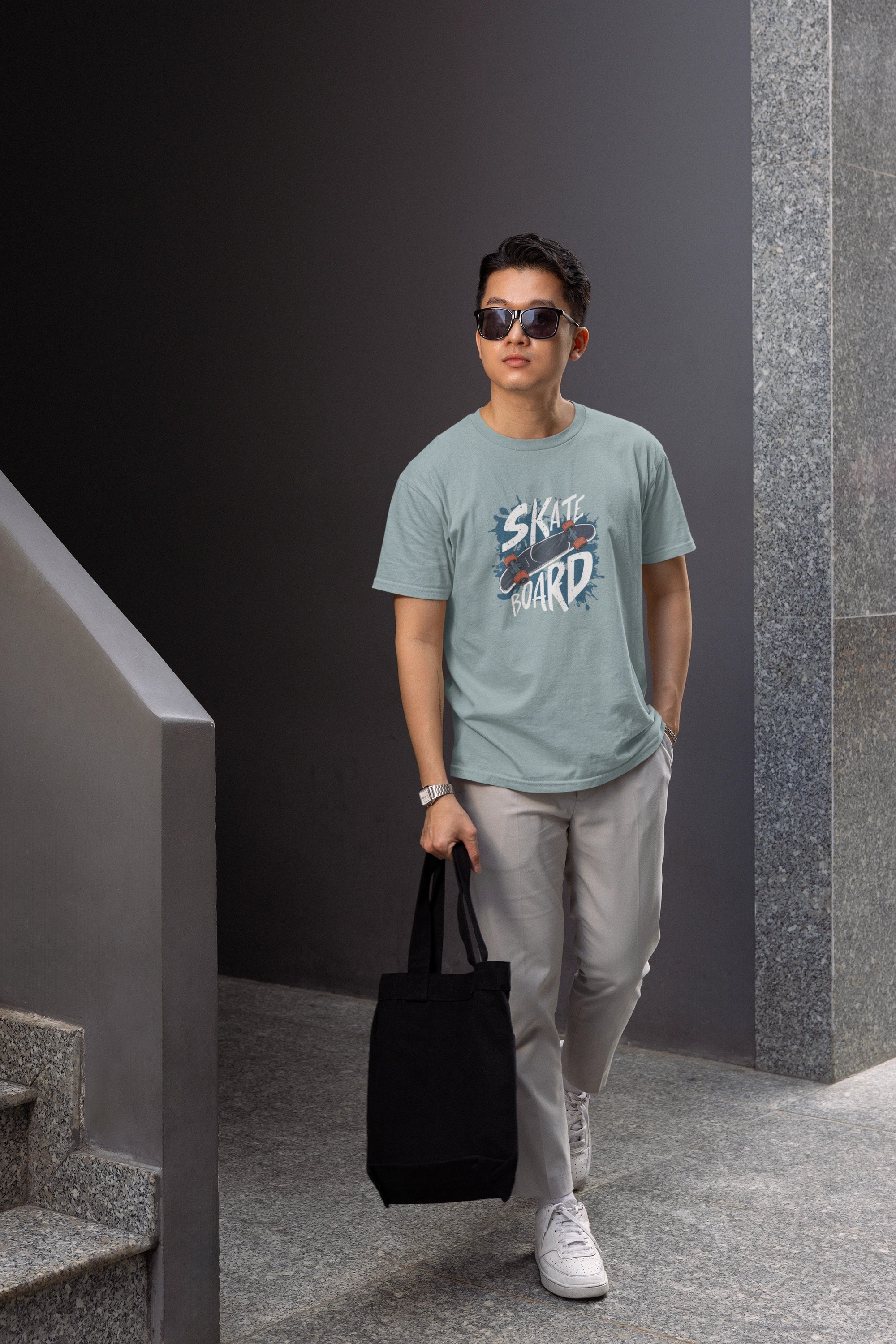 Men Steel Grey Skate Printed Regular Fit Cotton T-Shirt