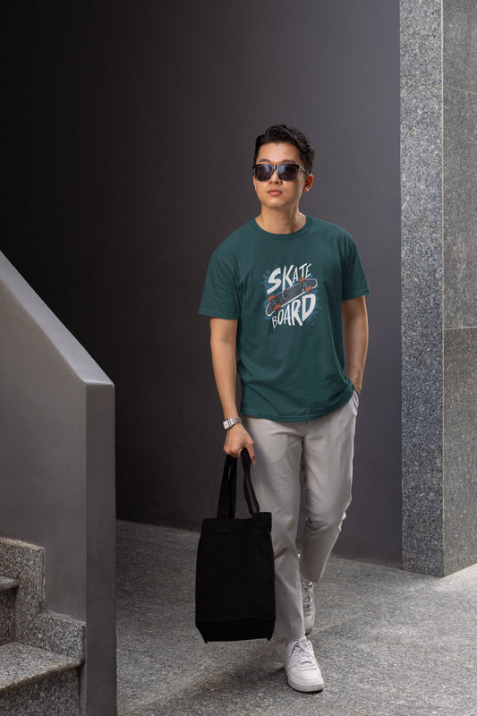 Men Bottle Green Skate Printed Regular Fit Cotton T-Shirt